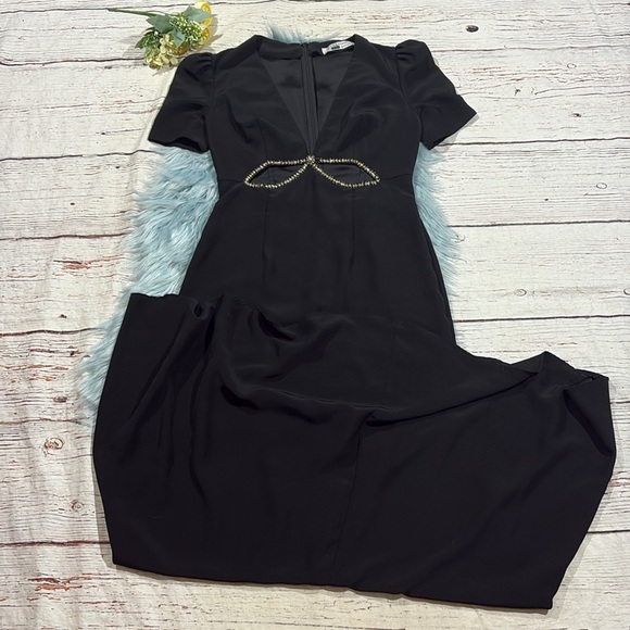 Mac Duggal Embellished Cutout Gown rhinestone puff sleeve bow black maxi - Picture 2 of 10